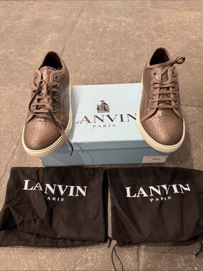 Lanvin Men's Brown Textured Leather Low-Top Sneakers with White Sole